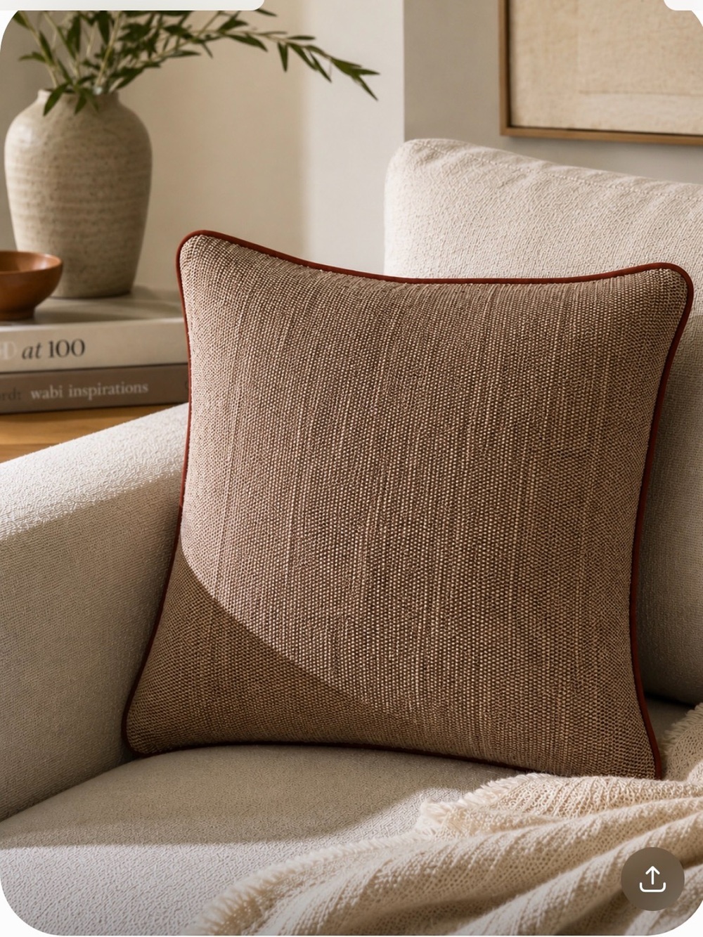 West Elm Brown Basketweave Leather Trim Pillow Cover 20" x 20" Cotton Linen